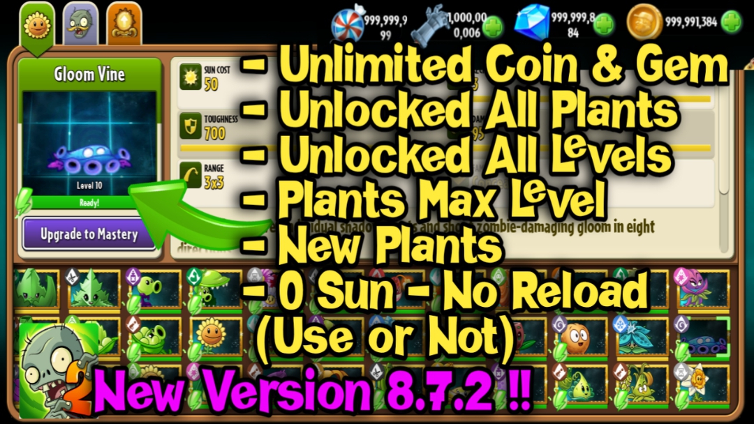 Plants vs. Zombies 2 v.8.7.2 Apk + Obb  Mod Unlimited Coin Gem Unlocked  All Plants Max Level
